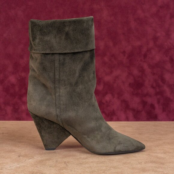 Saint Laurent Niki 85mm Green Suede Logo Heel Ankle Fold Boots 6.5US EUR37 - Picture 8 of 8